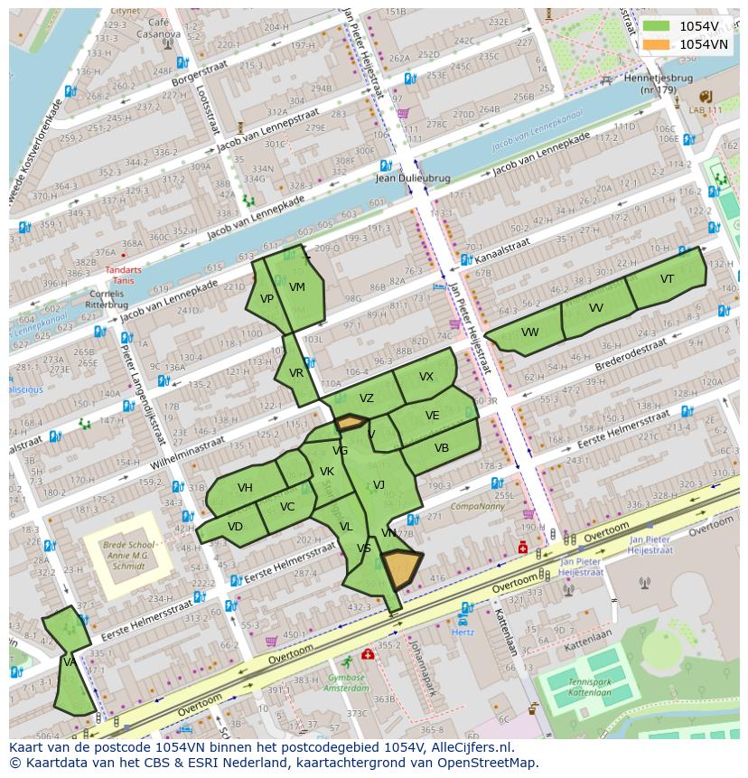 Afbeelding van het postcodegebied 1054 VN op de kaart.