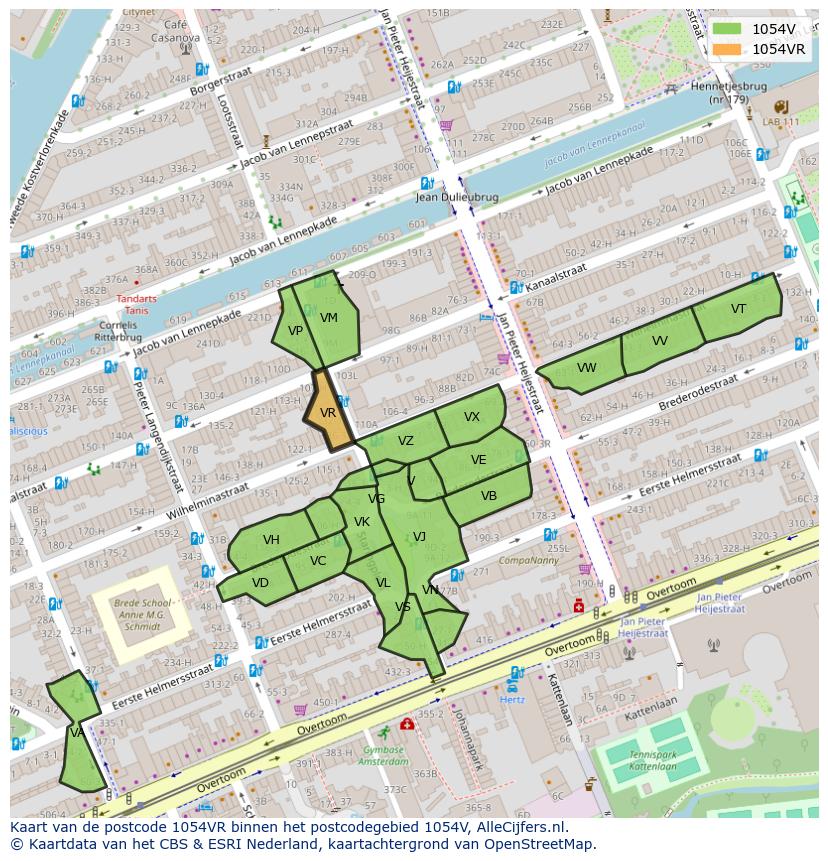 Afbeelding van het postcodegebied 1054 VR op de kaart.