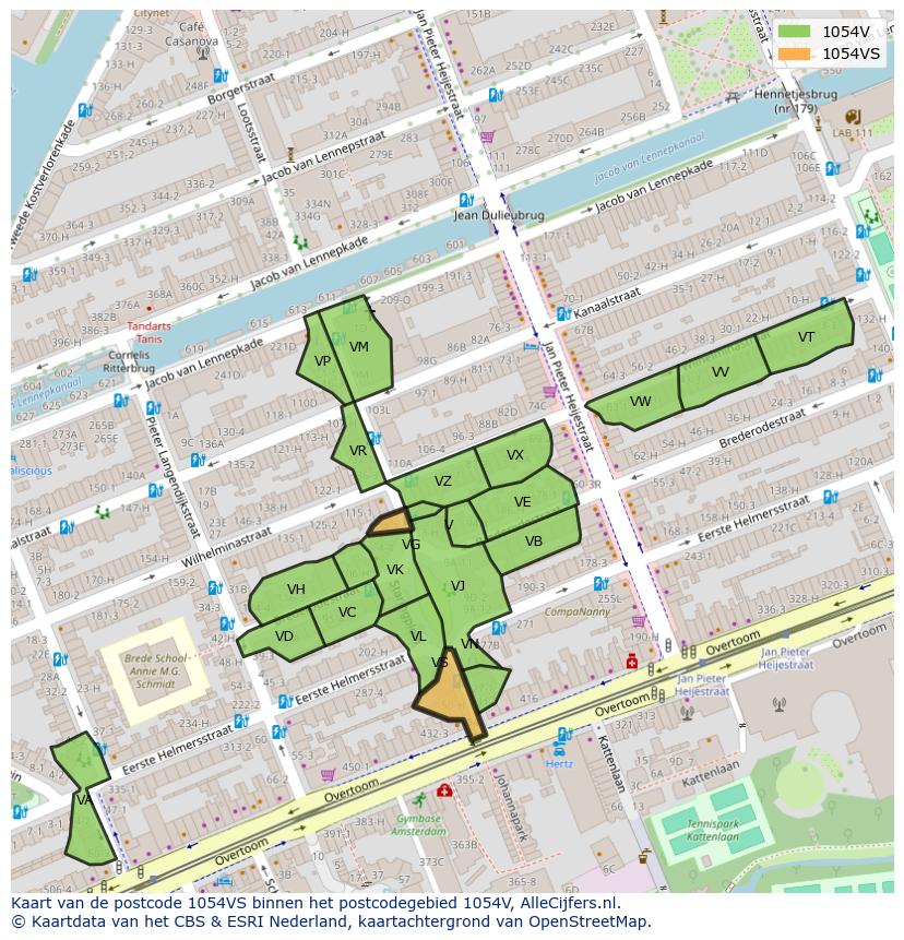 Afbeelding van het postcodegebied 1054 VS op de kaart.
