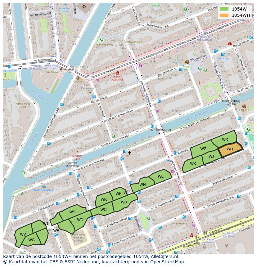 Afbeelding van het postcodegebied 1054 WH op de kaart.
