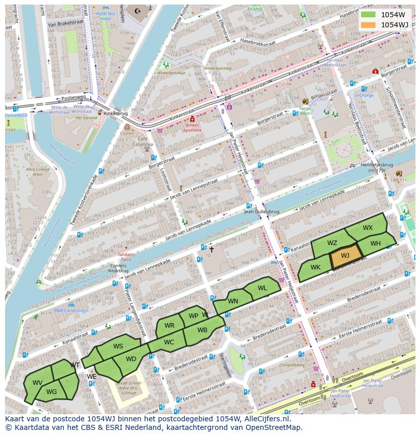 Afbeelding van het postcodegebied 1054 WJ op de kaart.