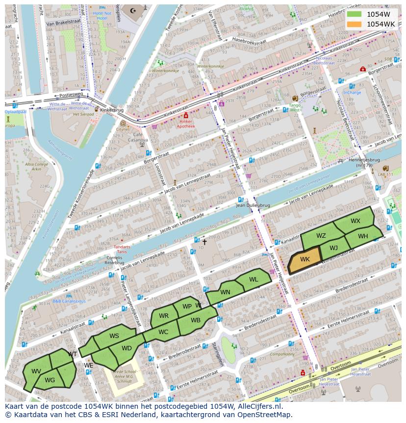 Afbeelding van het postcodegebied 1054 WK op de kaart.
