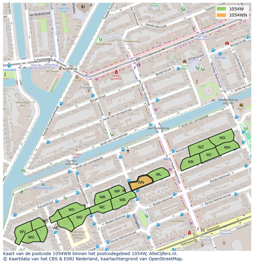 Afbeelding van het postcodegebied 1054 WN op de kaart.