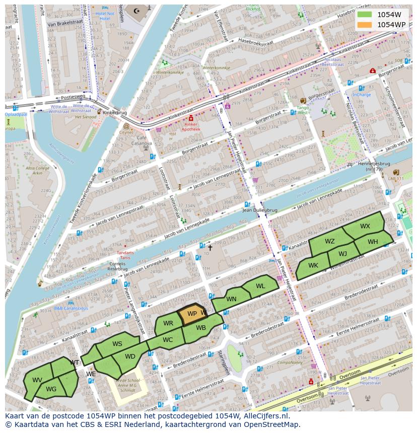 Afbeelding van het postcodegebied 1054 WP op de kaart.