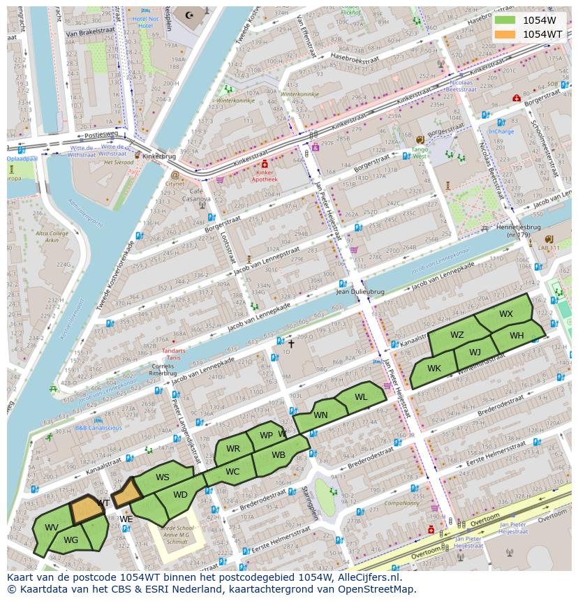 Afbeelding van het postcodegebied 1054 WT op de kaart.