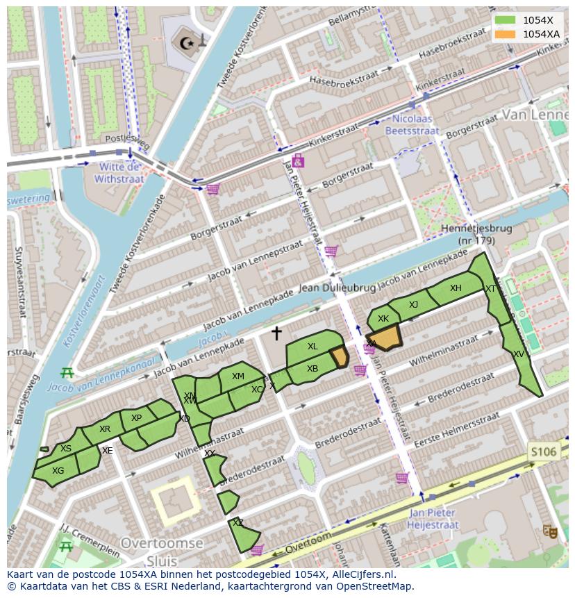 Afbeelding van het postcodegebied 1054 XA op de kaart.
