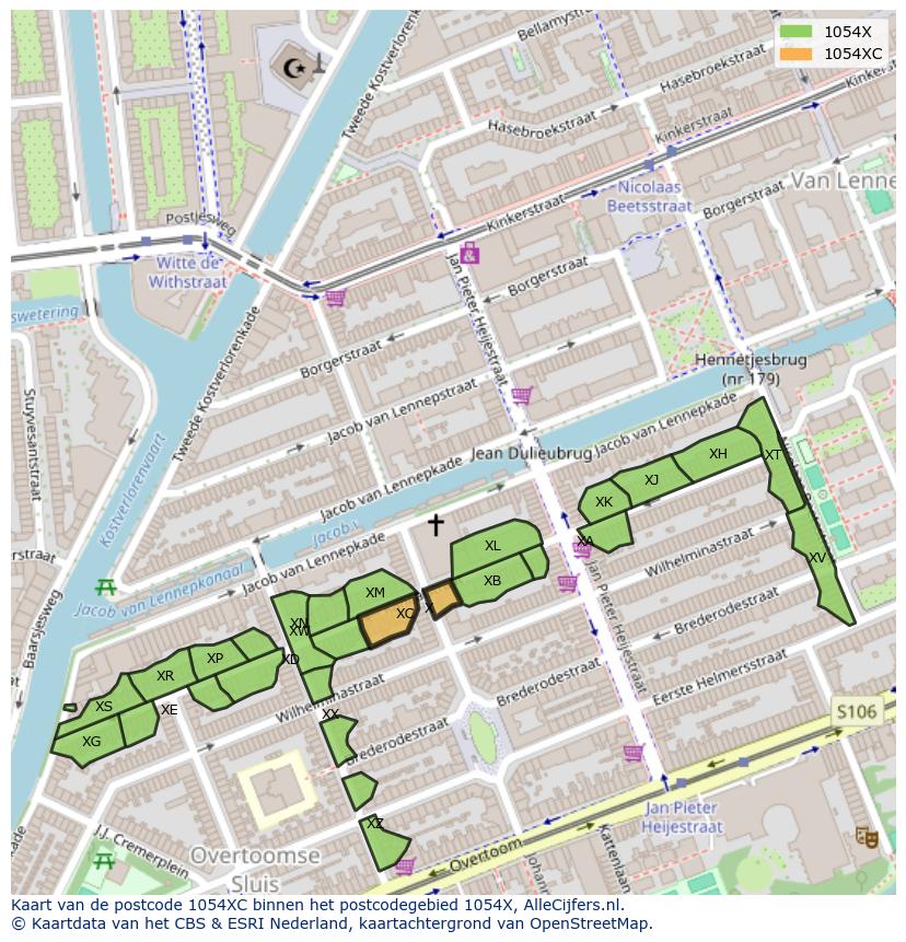 Afbeelding van het postcodegebied 1054 XC op de kaart.