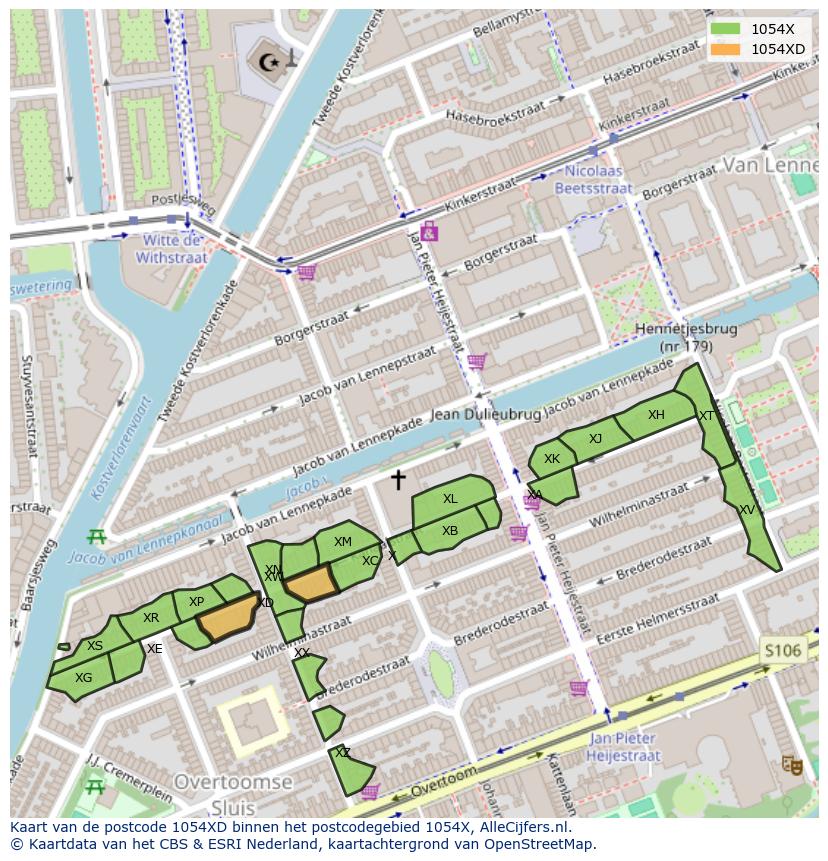 Afbeelding van het postcodegebied 1054 XD op de kaart.