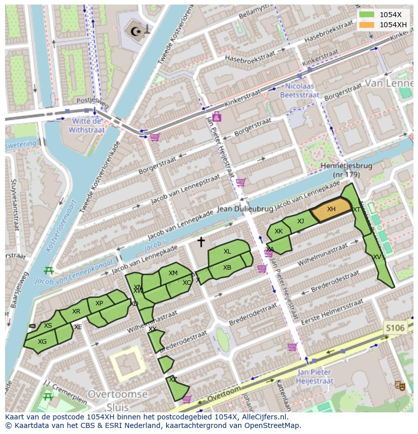 Afbeelding van het postcodegebied 1054 XH op de kaart.