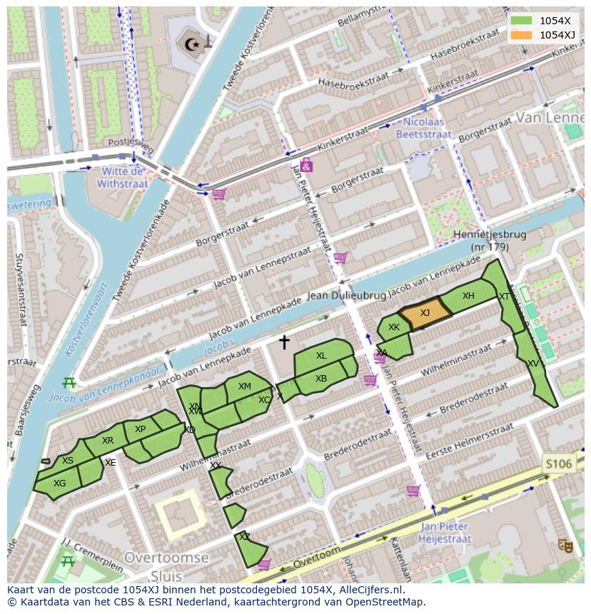 Afbeelding van het postcodegebied 1054 XJ op de kaart.