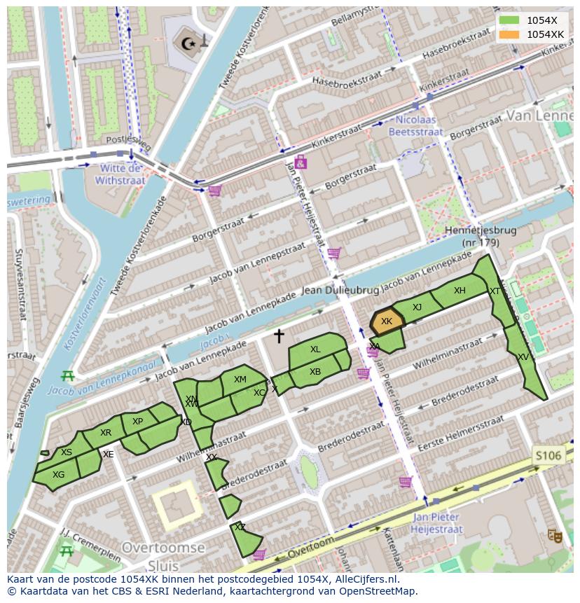 Afbeelding van het postcodegebied 1054 XK op de kaart.