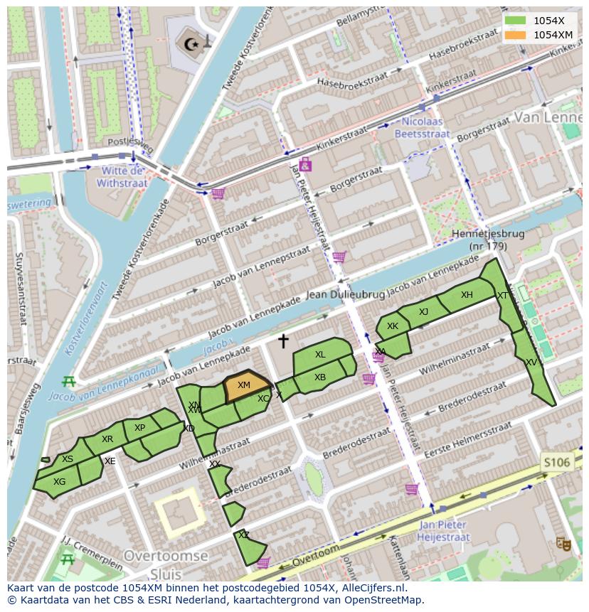 Afbeelding van het postcodegebied 1054 XM op de kaart.