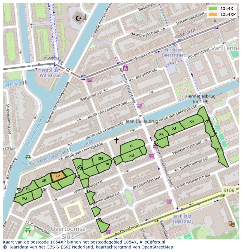 Afbeelding van het postcodegebied 1054 XP op de kaart.
