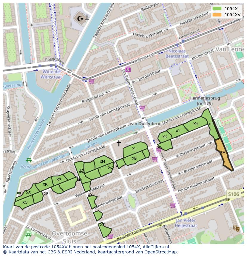 Afbeelding van het postcodegebied 1054 XV op de kaart.