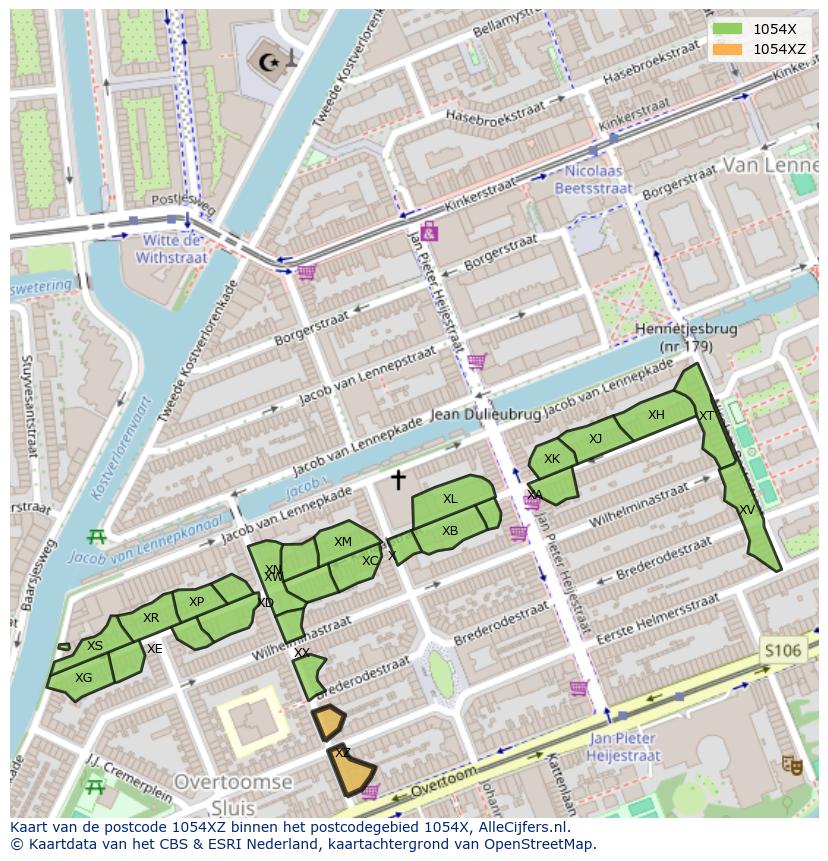 Afbeelding van het postcodegebied 1054 XZ op de kaart.