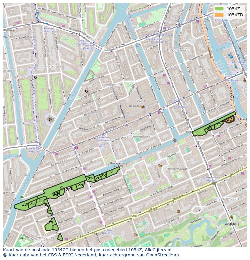 Afbeelding van het postcodegebied 1054 ZD op de kaart.