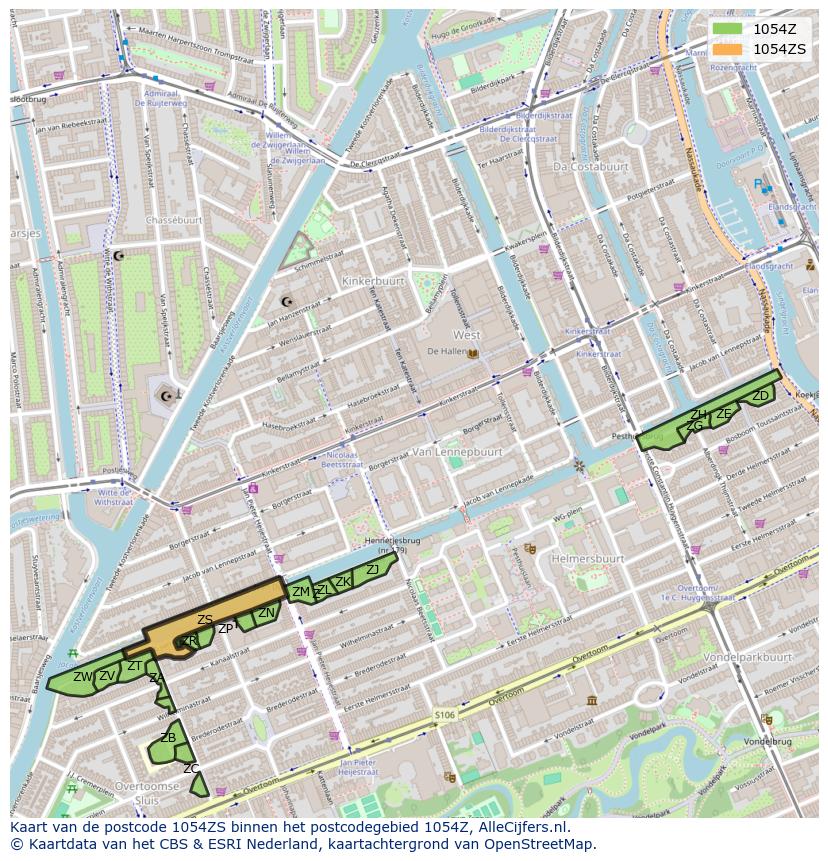 Afbeelding van het postcodegebied 1054 ZS op de kaart.