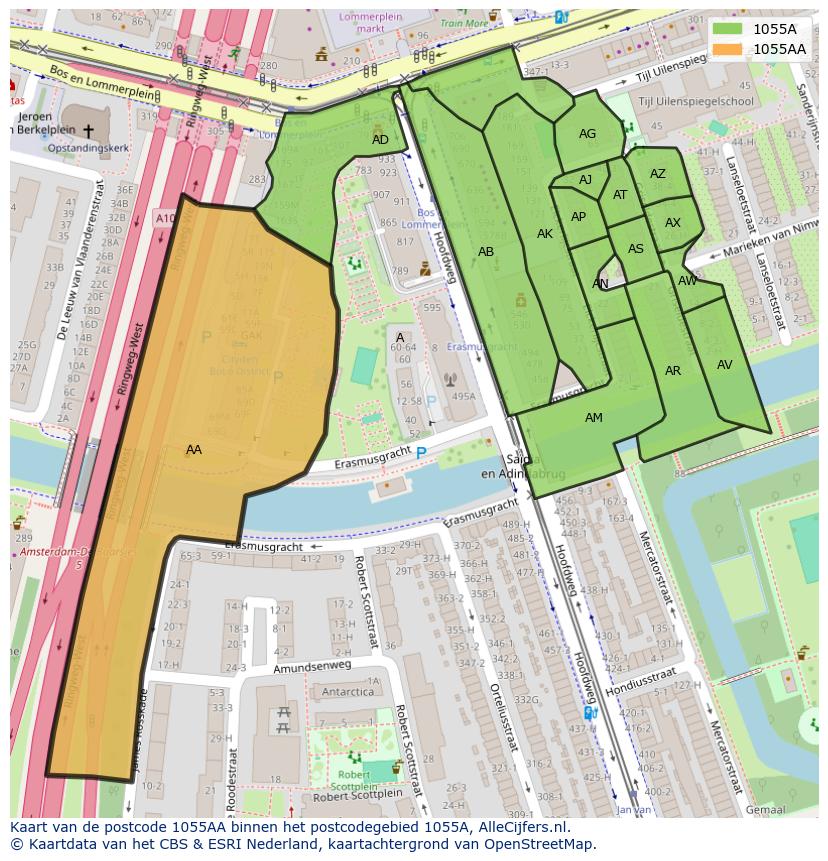 Afbeelding van het postcodegebied 1055 AA op de kaart.