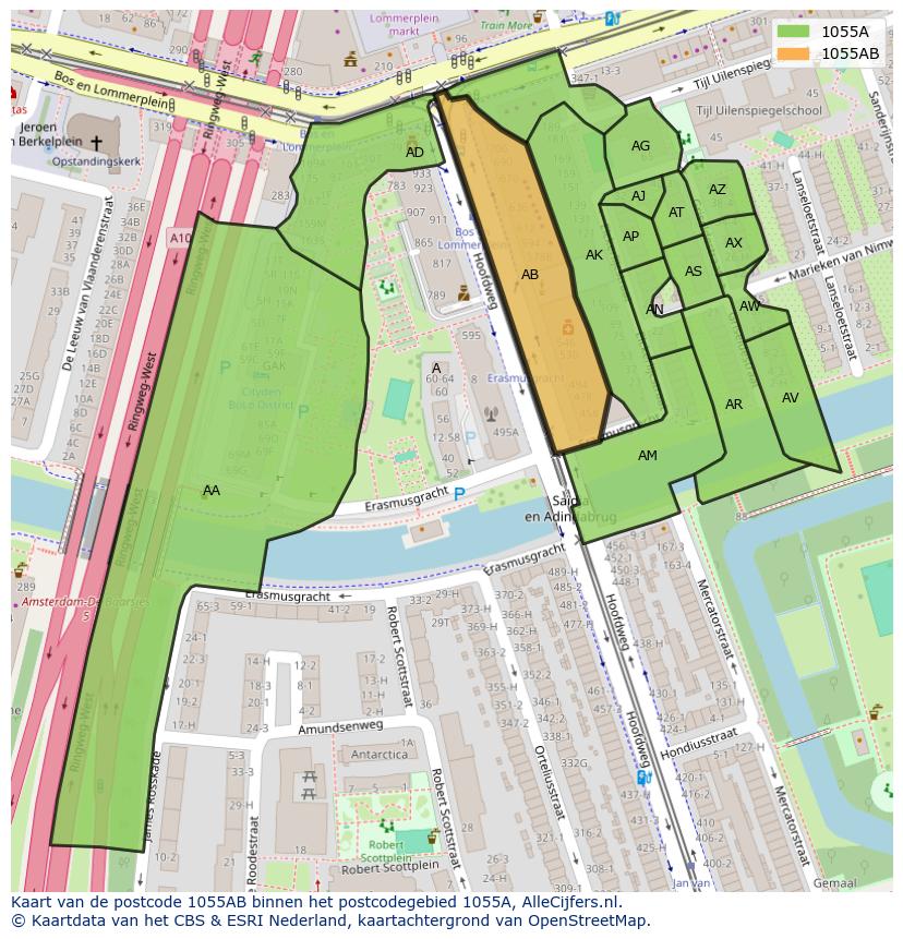 Afbeelding van het postcodegebied 1055 AB op de kaart.