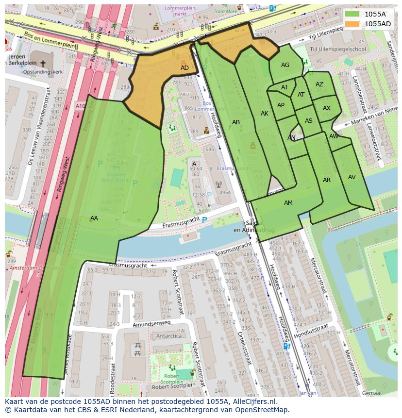Afbeelding van het postcodegebied 1055 AD op de kaart.