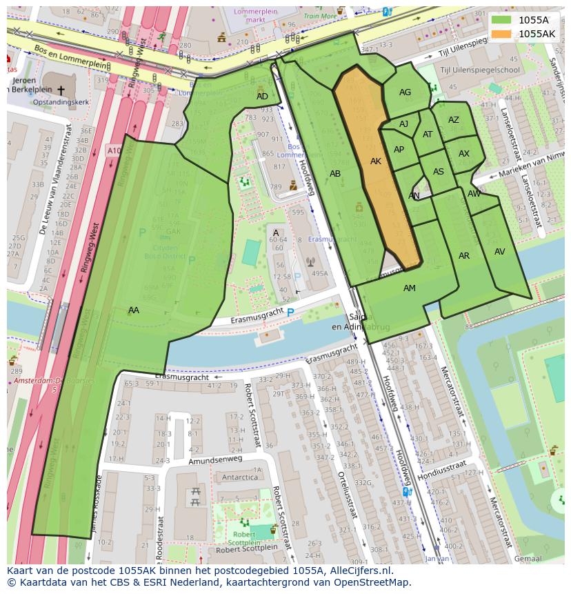 Afbeelding van het postcodegebied 1055 AK op de kaart.
