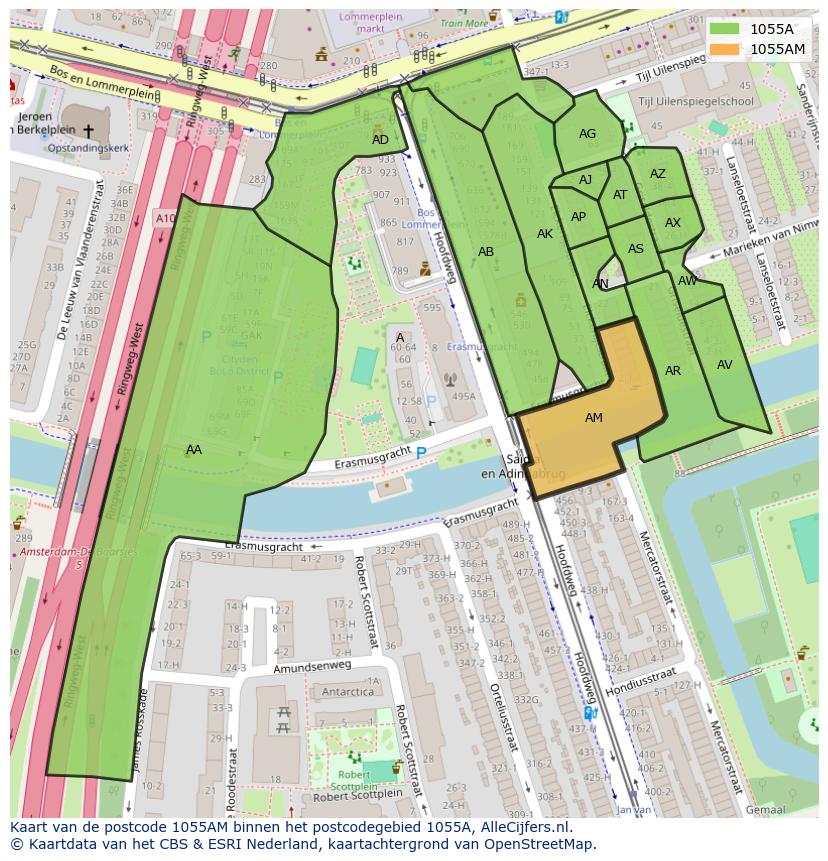 Afbeelding van het postcodegebied 1055 AM op de kaart.