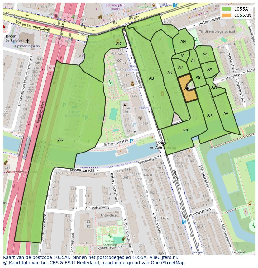 Afbeelding van het postcodegebied 1055 AN op de kaart.