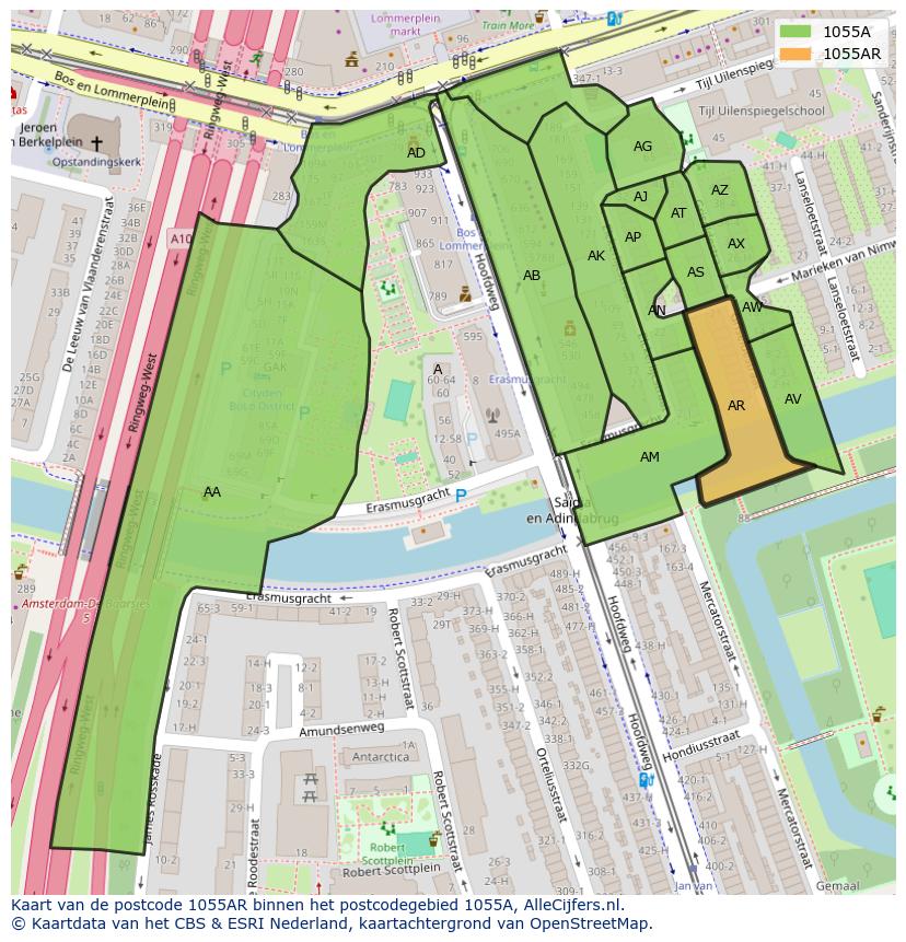 Afbeelding van het postcodegebied 1055 AR op de kaart.