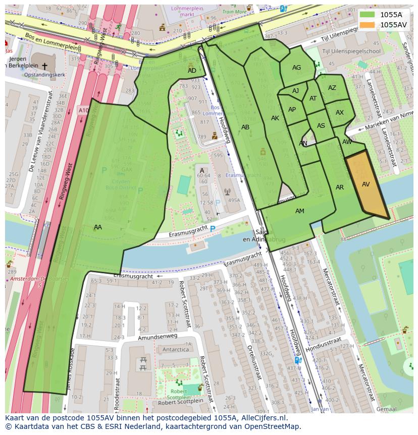 Afbeelding van het postcodegebied 1055 AV op de kaart.