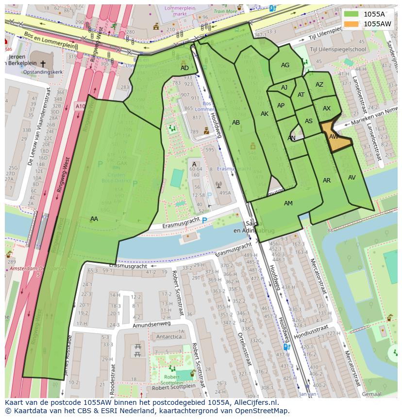 Afbeelding van het postcodegebied 1055 AW op de kaart.