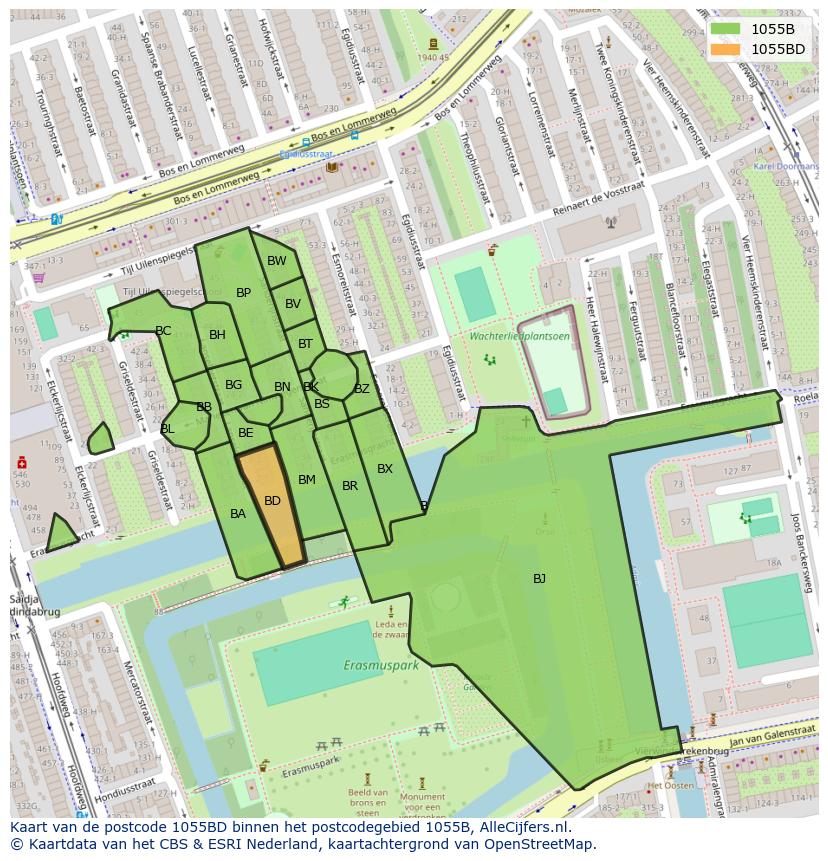 Afbeelding van het postcodegebied 1055 BD op de kaart.