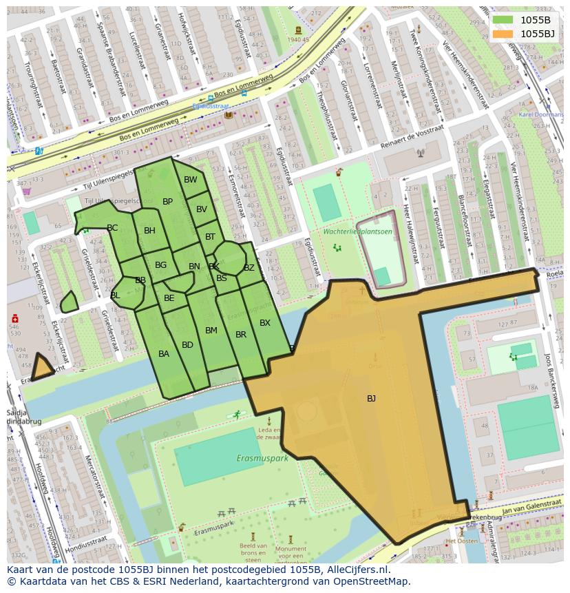 Afbeelding van het postcodegebied 1055 BJ op de kaart.