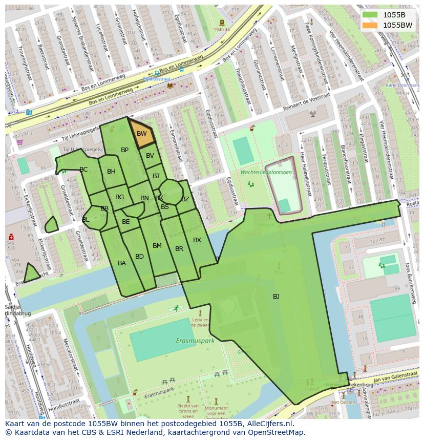 Afbeelding van het postcodegebied 1055 BW op de kaart.