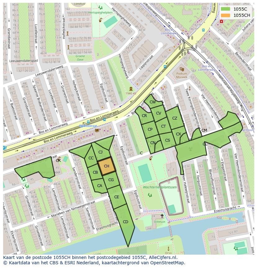 Afbeelding van het postcodegebied 1055 CH op de kaart.