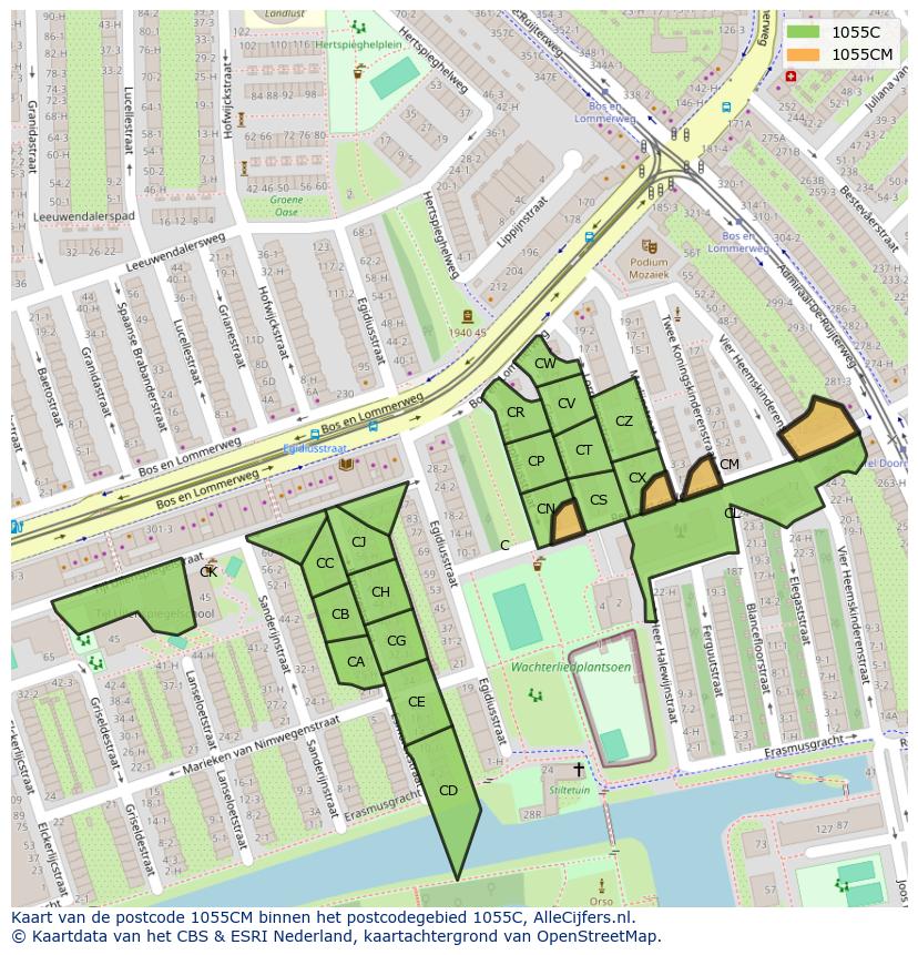 Afbeelding van het postcodegebied 1055 CM op de kaart.