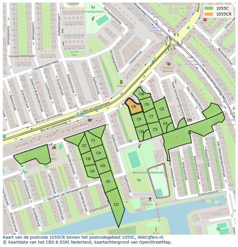 Afbeelding van het postcodegebied 1055 CR op de kaart.
