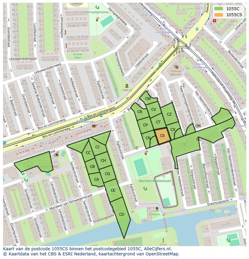 Afbeelding van het postcodegebied 1055 CS op de kaart.
