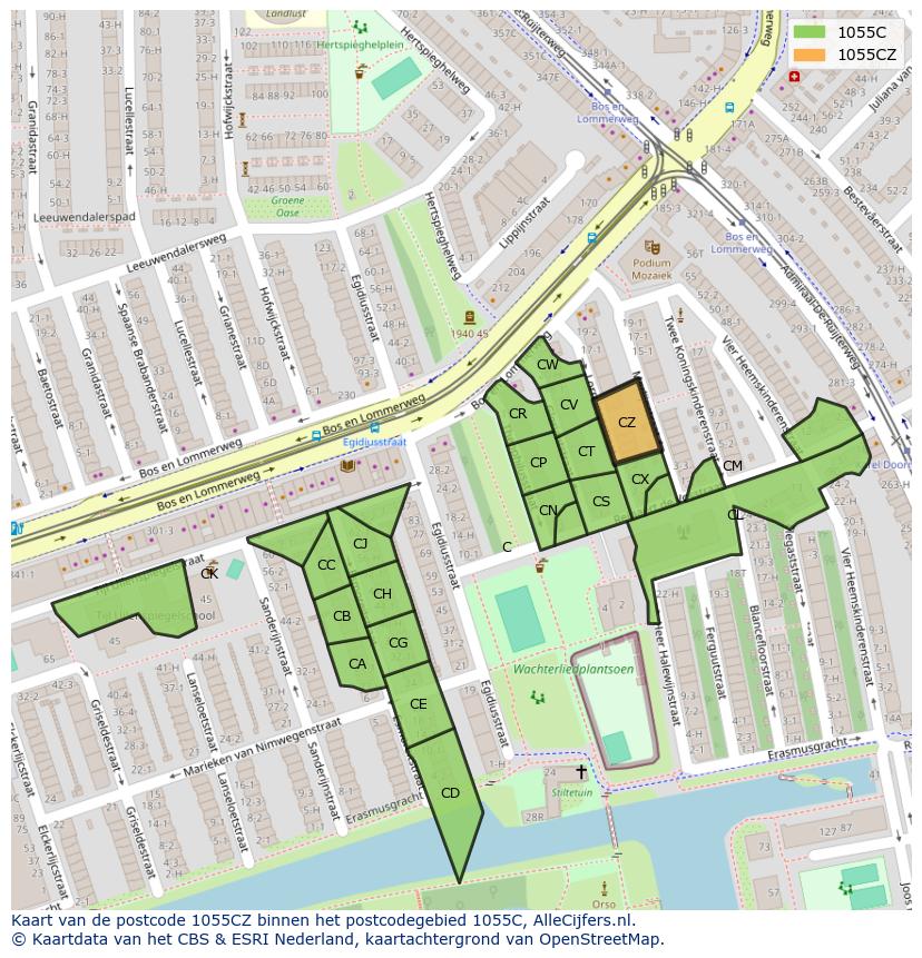 Afbeelding van het postcodegebied 1055 CZ op de kaart.
