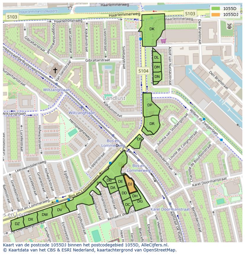 Afbeelding van het postcodegebied 1055 DJ op de kaart.