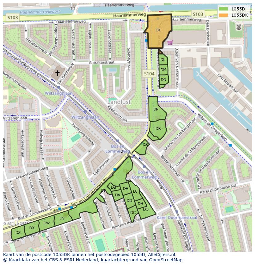 Afbeelding van het postcodegebied 1055 DK op de kaart.