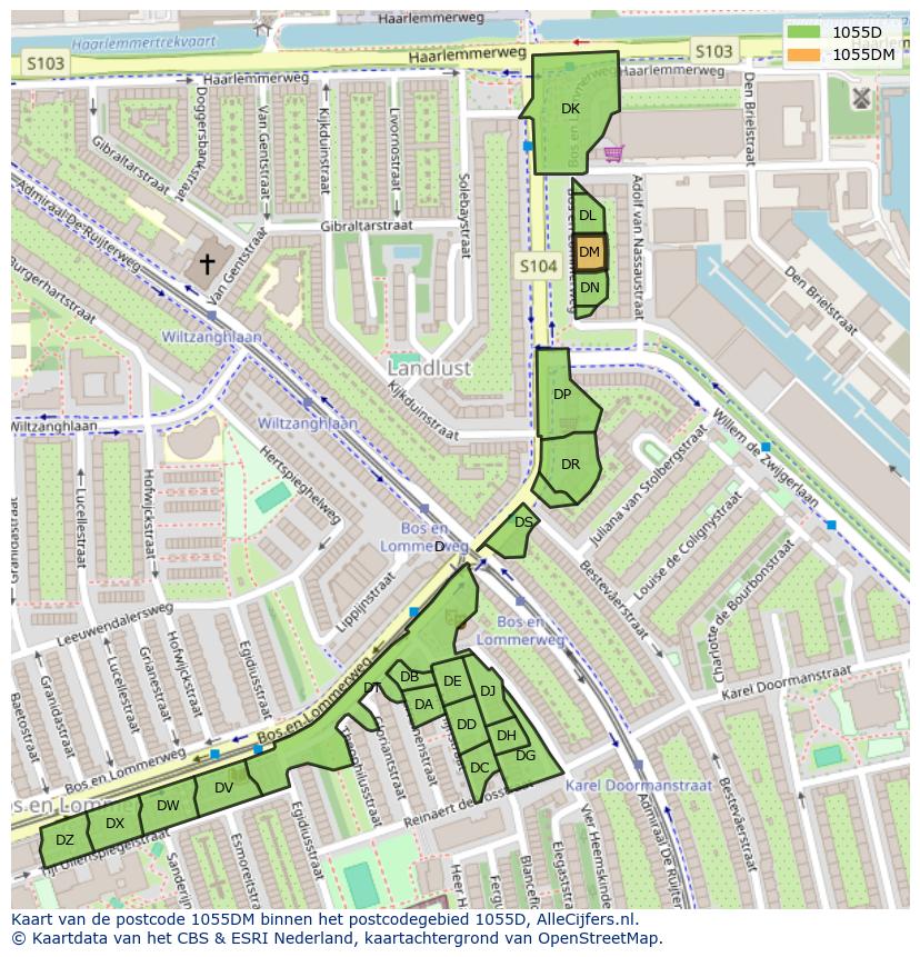 Afbeelding van het postcodegebied 1055 DM op de kaart.