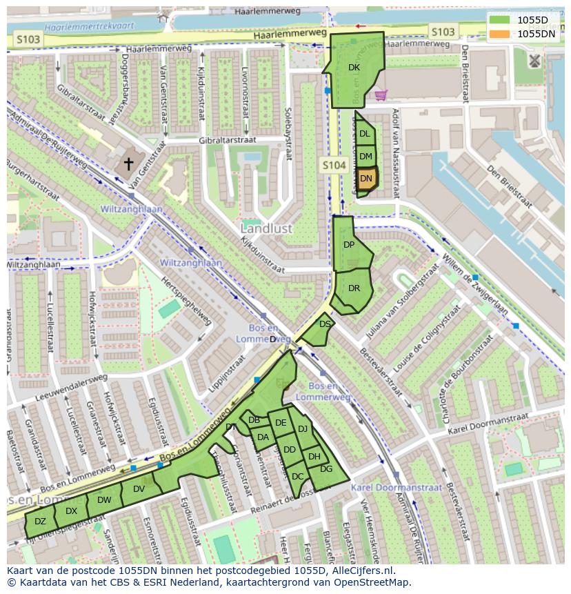 Afbeelding van het postcodegebied 1055 DN op de kaart.