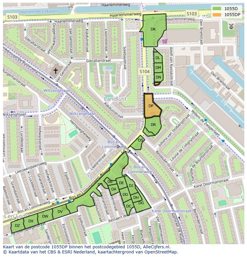 Afbeelding van het postcodegebied 1055 DP op de kaart.