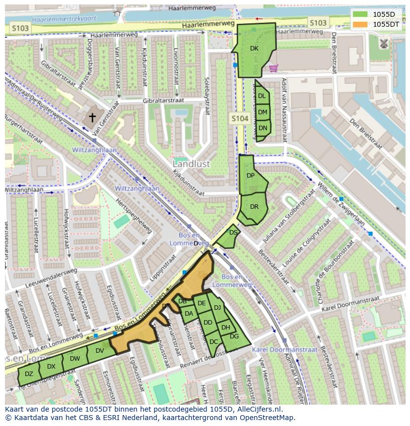 Afbeelding van het postcodegebied 1055 DT op de kaart.