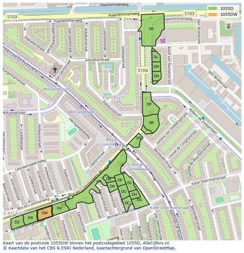 Afbeelding van het postcodegebied 1055 DW op de kaart.