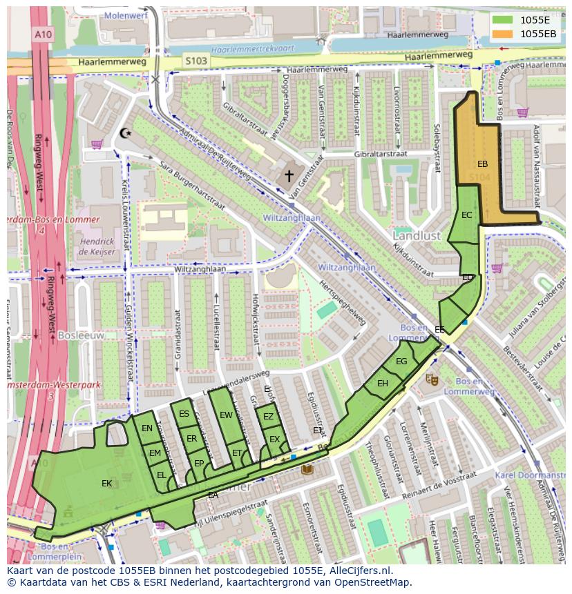 Afbeelding van het postcodegebied 1055 EB op de kaart.