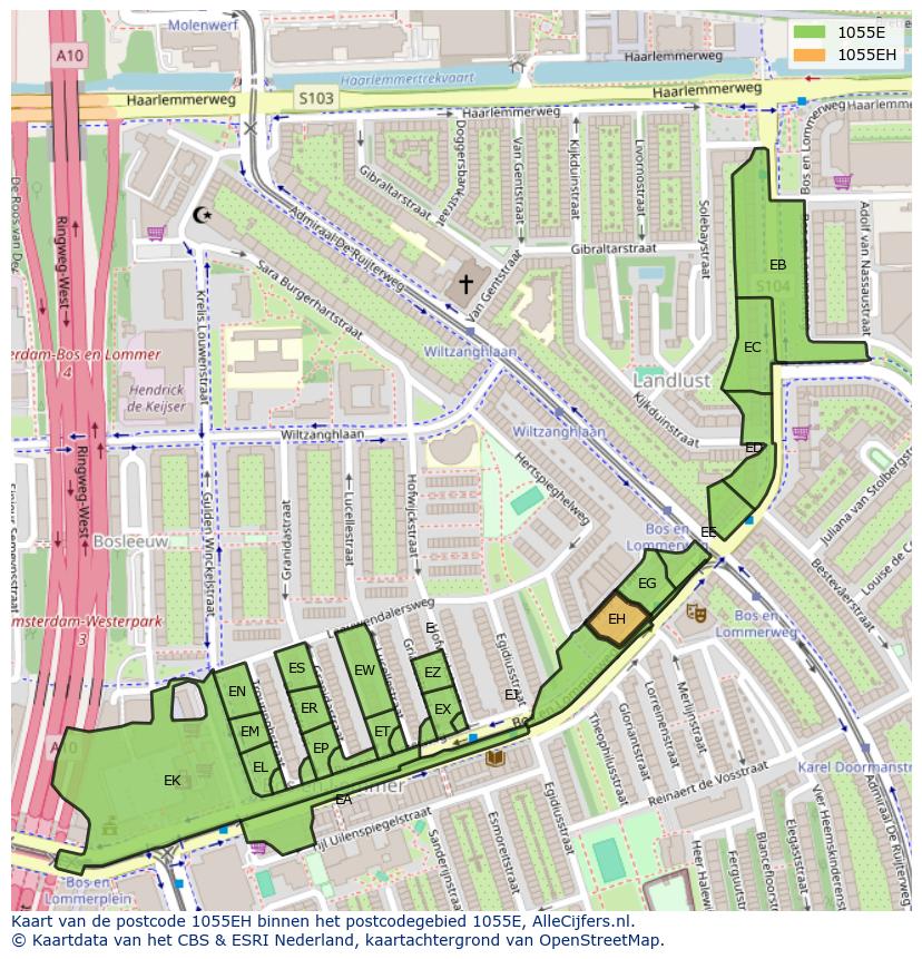 Afbeelding van het postcodegebied 1055 EH op de kaart.