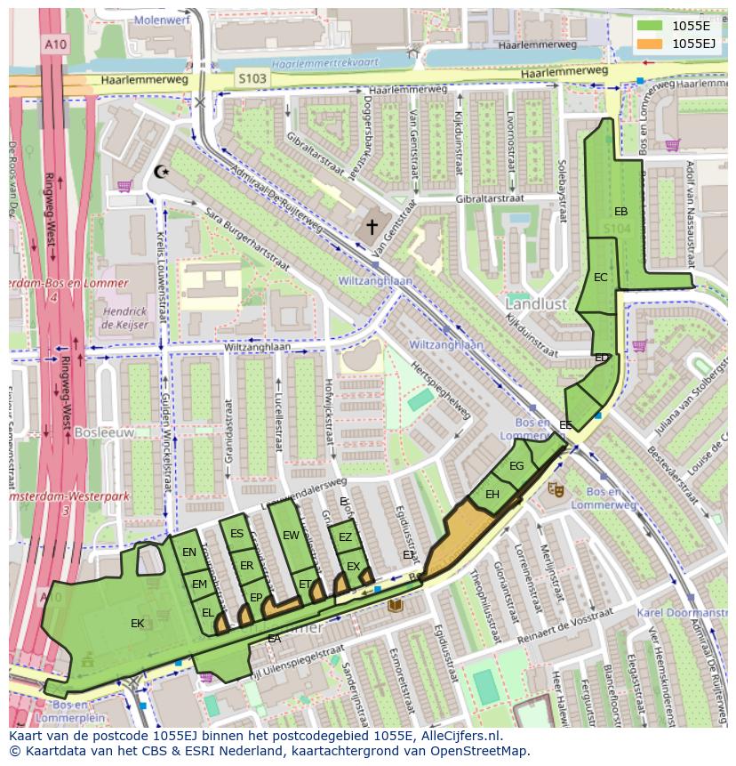 Afbeelding van het postcodegebied 1055 EJ op de kaart.