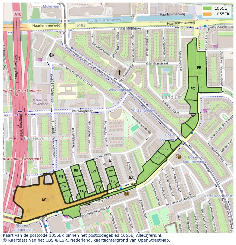 Afbeelding van het postcodegebied 1055 EK op de kaart.