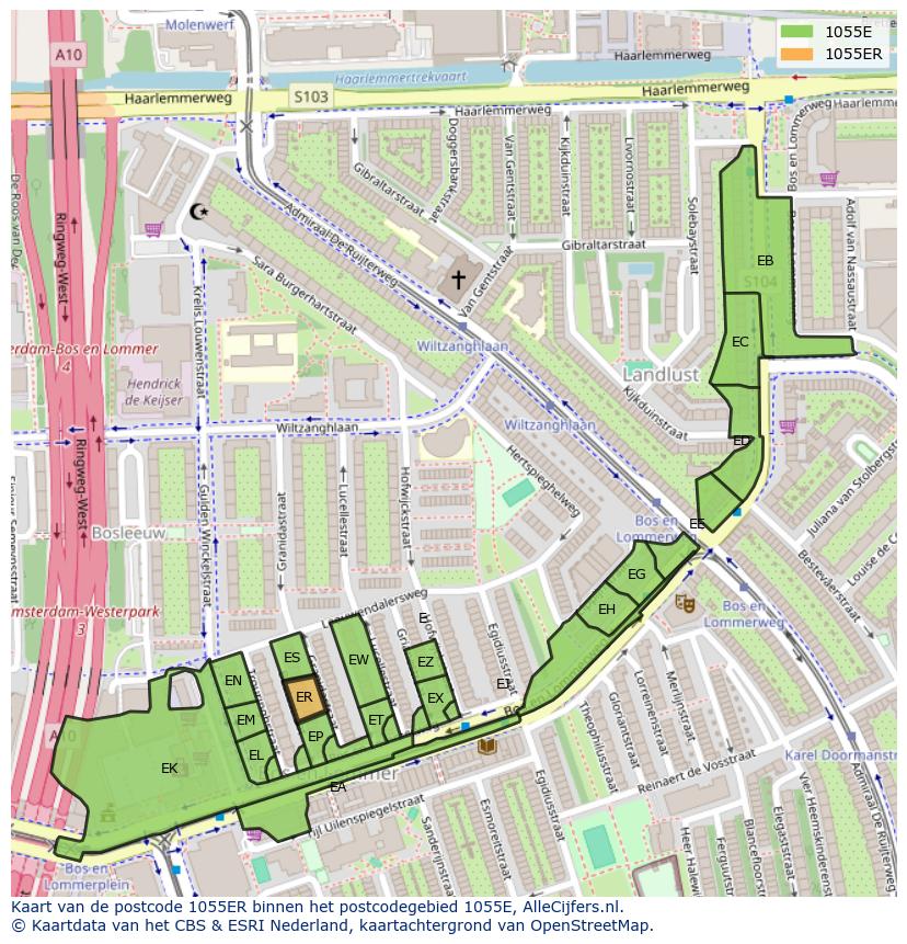 Afbeelding van het postcodegebied 1055 ER op de kaart.